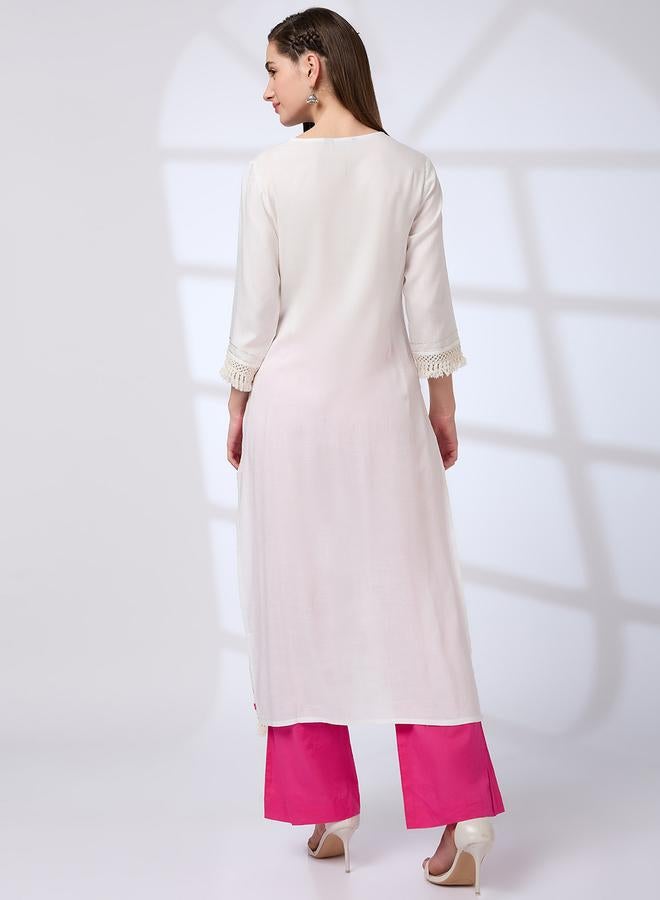 globus Floral Embroidered Yoke Crochet Detail Straight Festive Kurta - Image 3