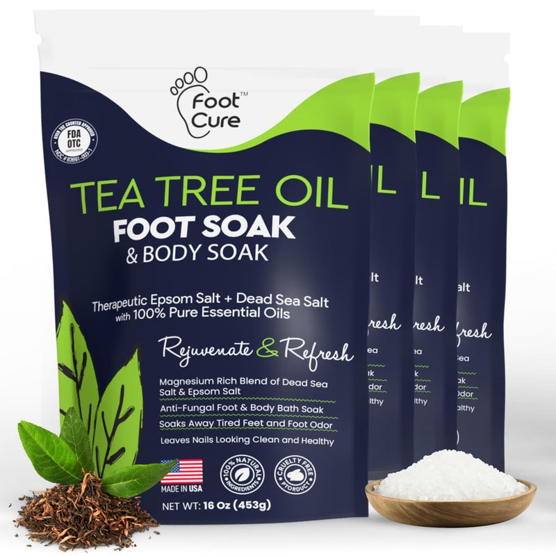 Foot Cure Tea Tree Oil Foot Soak with Epsom Salts for Foot Pain Soreness Athletes Foot Odors Toe Nail Fungus Fungal Calluses Made in USA  4 Pack