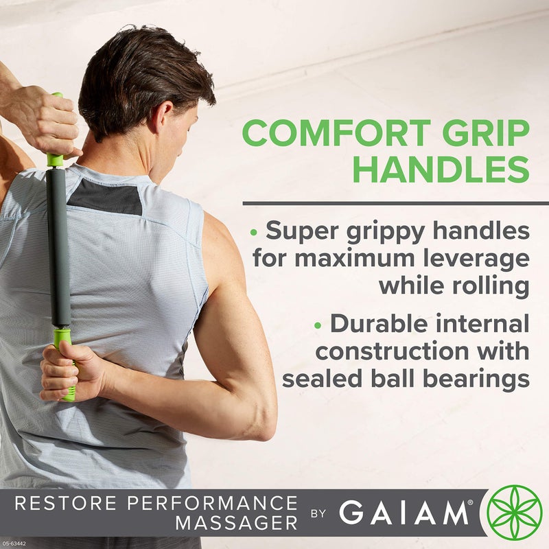 Gaiam Restore Massage Stick Roller - (Dimensions: 19"L) Foam Cushioned Performance Hand Held Muscle Massager | Comfort Grip Handles | Solid Steel Construction - Image 2
