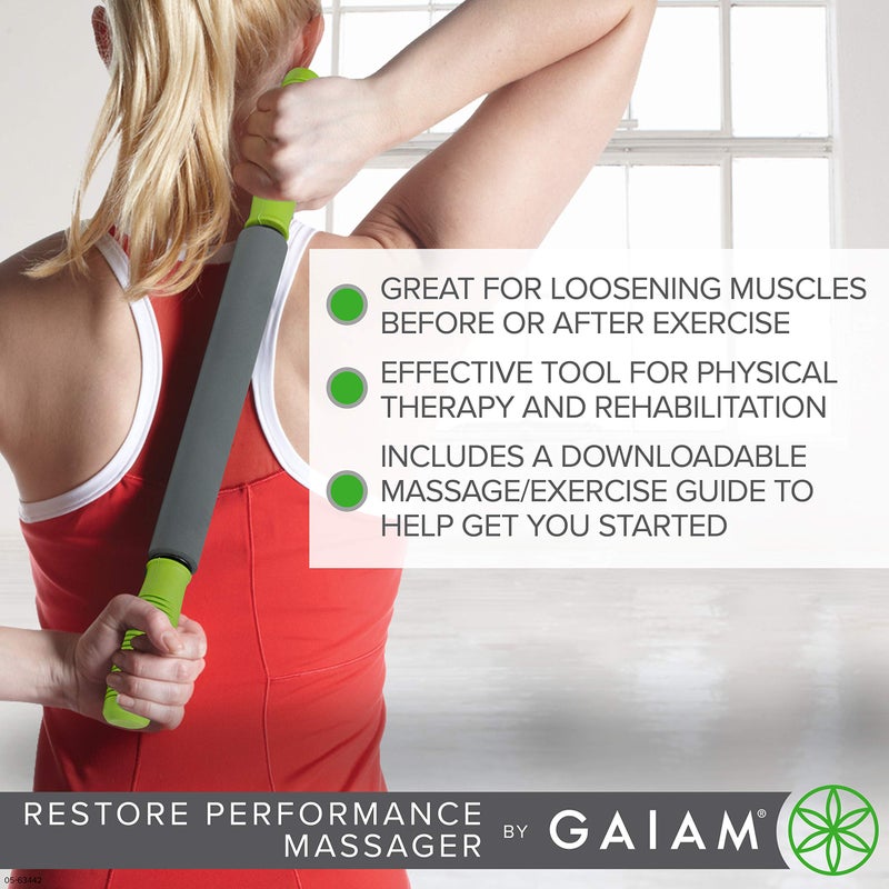 Gaiam Restore Massage Stick Roller - (Dimensions: 19"L) Foam Cushioned Performance Hand Held Muscle Massager | Comfort Grip Handles | Solid Steel Construction - Image 3