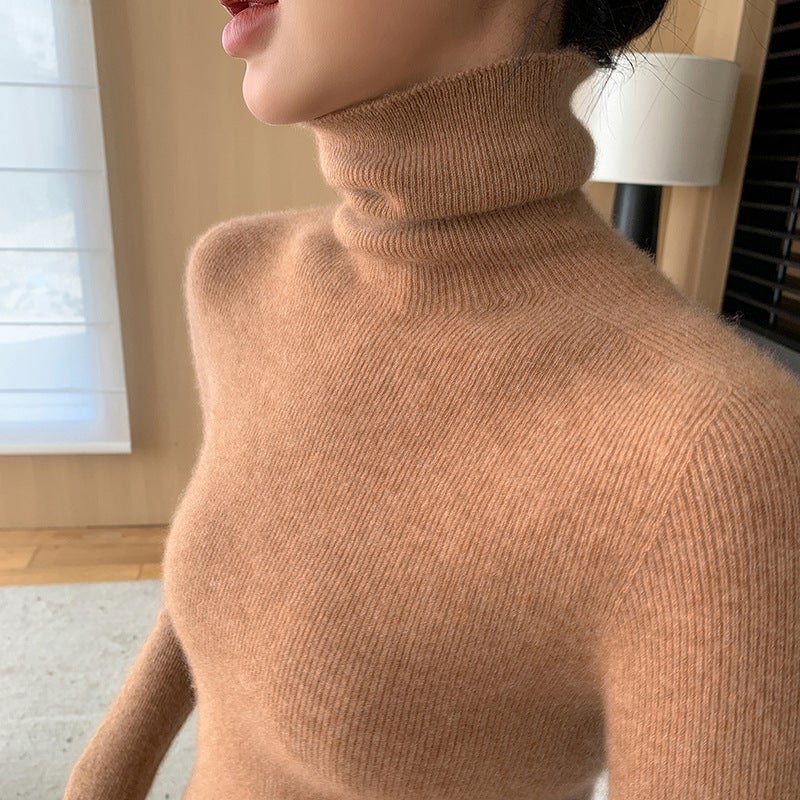Seamless One-Line Ready-To-Wear Turtleneck Pure Color Knitwear Womens Autumn and Winter Slim Knitwear Bottoming Shirt Top with Coat Sands brown