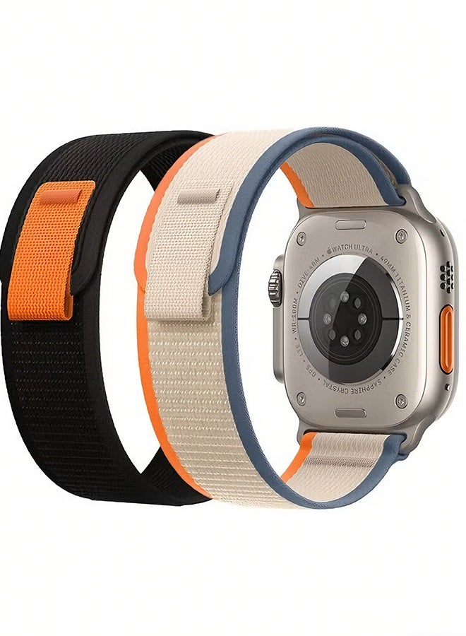 Happy D 2 Pack for Apple Watch Trail Band 49mm 45mm 44mm 42mm Nylon Woven Sport Strap for iWatch Series Ultra/8/7/SE/6/5/4/3/2/1(Black, Beige) - Image 1