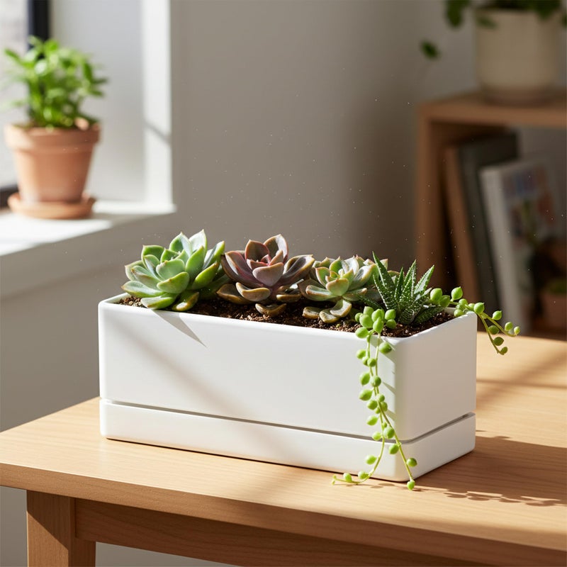 D'vine Dev 12 Inch Window Box Planter, Rectangle Plastic Herb Planter with Drainage Holes and Saucer, Indoor Succulent Cactus Vegetable Pot for Windowsill, Garden Balcony, White, Set of 2, 76-X-A-2 - Image 4