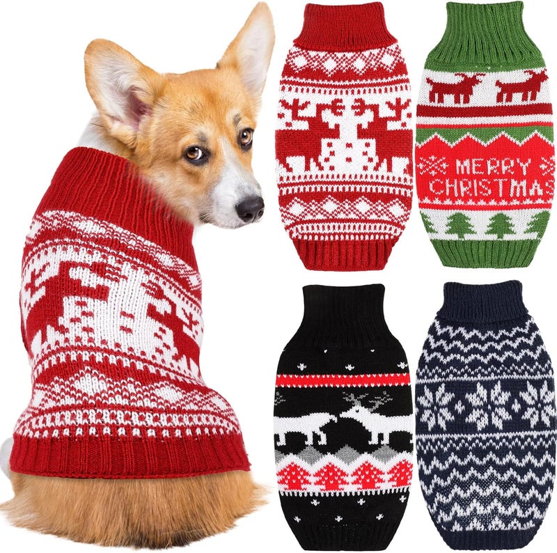 Reginary 4 Pieces Dog Christmas Sweater Warm Knit Dog Sweater Turtleneck Cute Soft Dog Sweater Costume Reindeer Snowflake Dog Christmas Outfit Cold Weather Pet Christmas Clothes for Dog Puppy Small - Image 1