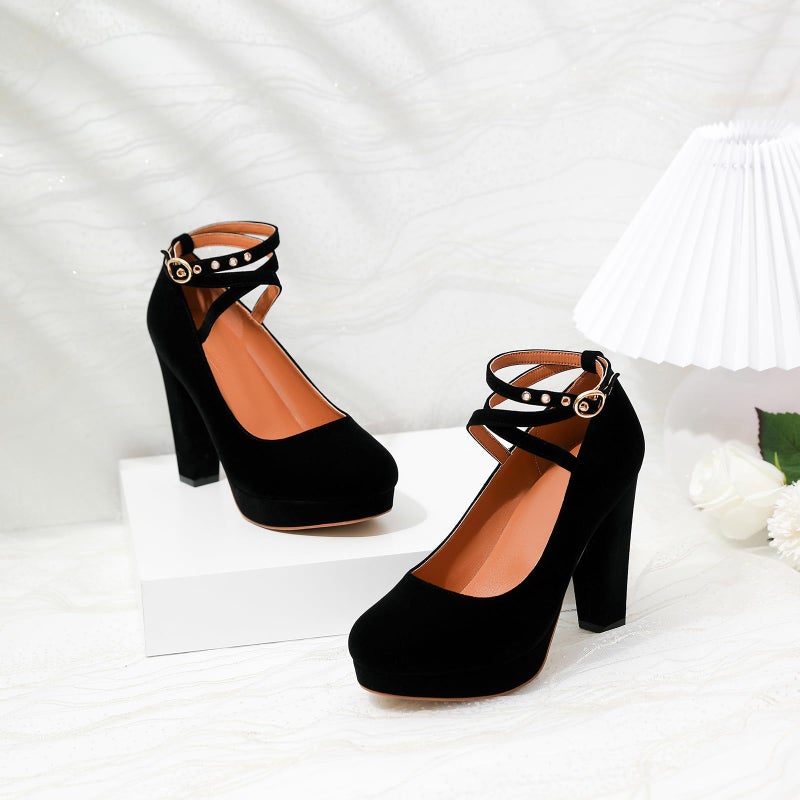 Mostrin Black Chunky High Heels for Women Sexy Closed Toe Platform Pumps with Buckle Strap Mary Jane Dress Shoes for Formal Prom Party Size 8 - Image 3
