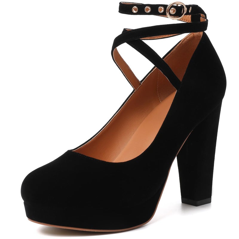 Mostrin Black Chunky High Heels for Women Sexy Closed Toe Platform Pumps with Buckle Strap Mary Jane Dress Shoes for Formal Prom Party Size 8 - Image 1