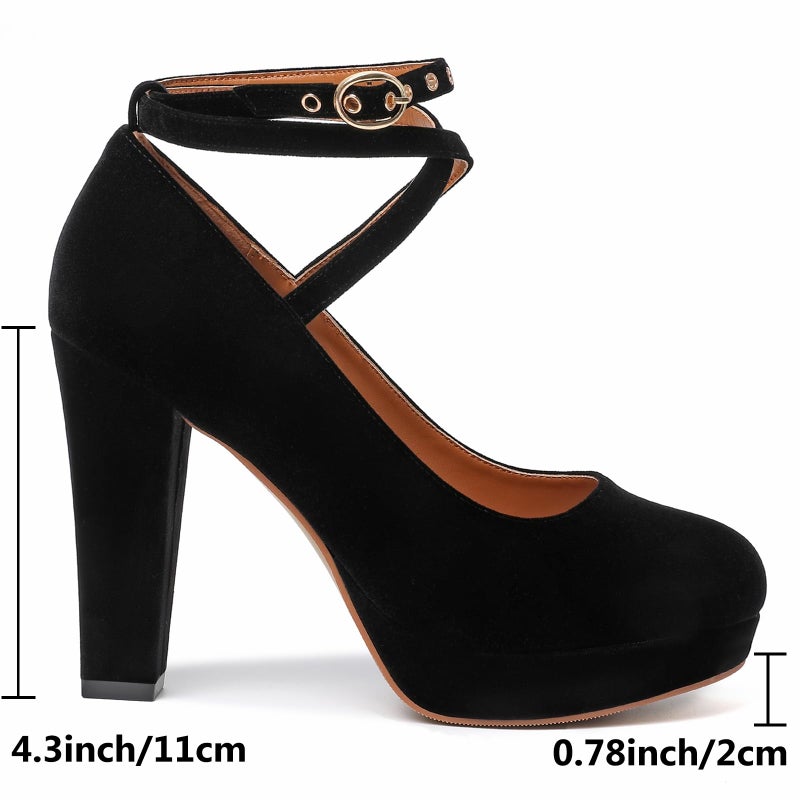 Mostrin Black Chunky High Heels for Women Sexy Closed Toe Platform Pumps with Buckle Strap Mary Jane Dress Shoes for Formal Prom Party Size 8 - Image 4