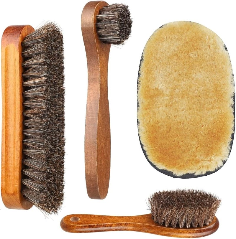 Sandiyago Shoe Brush Set - Horsehair Brush for Shoe Shine Polish Buff - 3 Pcs Shoe Polish Dauber Applicator Brushes + 1 Pcs Shoes Polish Cloth Glove - Image 1