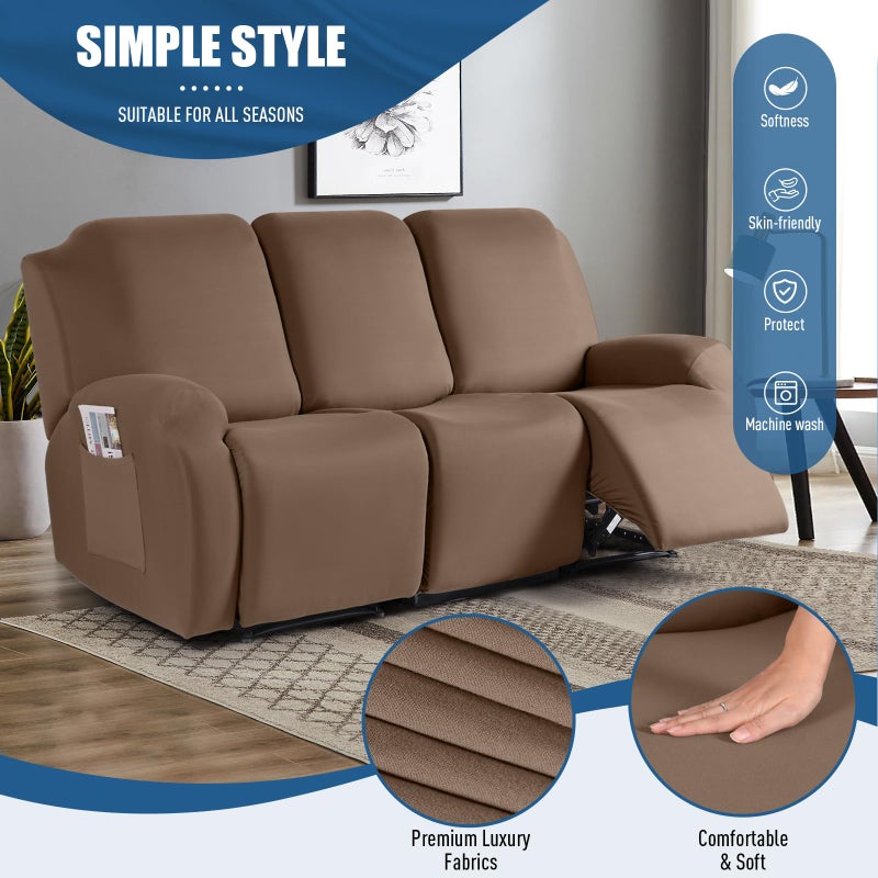 TAOCOCO Recliner Sofa Slipcover, 3 Pieces Polyester Fabric Stretch Sofa Covers for 3 Seat Reclining Couch, Soft Washable Furniture Protector with Pockets (3 Seat, Light Coffee) - Image 2