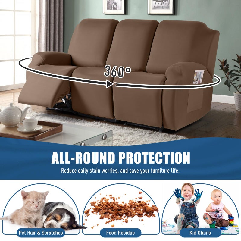 TAOCOCO Recliner Sofa Slipcover, 3 Pieces Polyester Fabric Stretch Sofa Covers for 3 Seat Reclining Couch, Soft Washable Furniture Protector with Pockets (3 Seat, Light Coffee) - Image 3