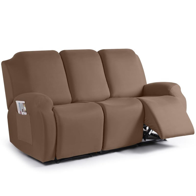 TAOCOCO Recliner Sofa Slipcover, 3 Pieces Polyester Fabric Stretch Sofa Covers for 3 Seat Reclining Couch, Soft Washable Furniture Protector with Pockets (3 Seat, Light Coffee) - Image 1