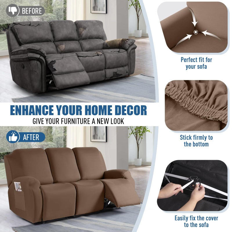 TAOCOCO Recliner Sofa Slipcover, 3 Pieces Polyester Fabric Stretch Sofa Covers for 3 Seat Reclining Couch, Soft Washable Furniture Protector with Pockets (3 Seat, Light Coffee) - Image 5
