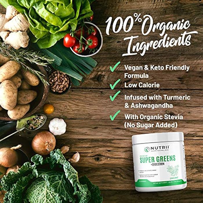 Nutrii Organic Green Immunity Superfood Powder - Soothes Digestion, Boosts Healthy Vitality and Energy. Fast Acting Formula with Probiotics, Enzymes, Turmeric and Ashwagandha (30 Servings Lemon-Mint) - Image 3