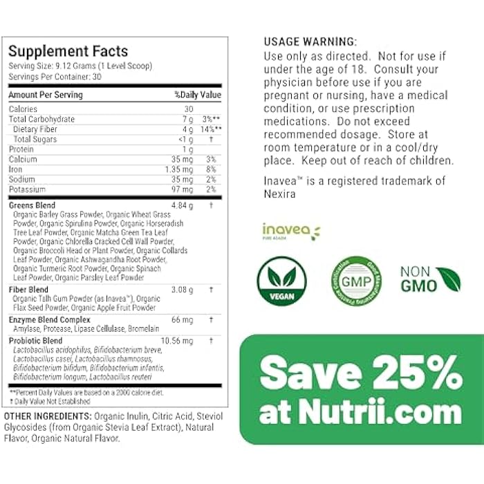 Nutrii Organic Green Immunity Superfood Powder - Soothes Digestion, Boosts Healthy Vitality and Energy. Fast Acting Formula with Probiotics, Enzymes, Turmeric and Ashwagandha (30 Servings Lemon-Mint) - Image 2