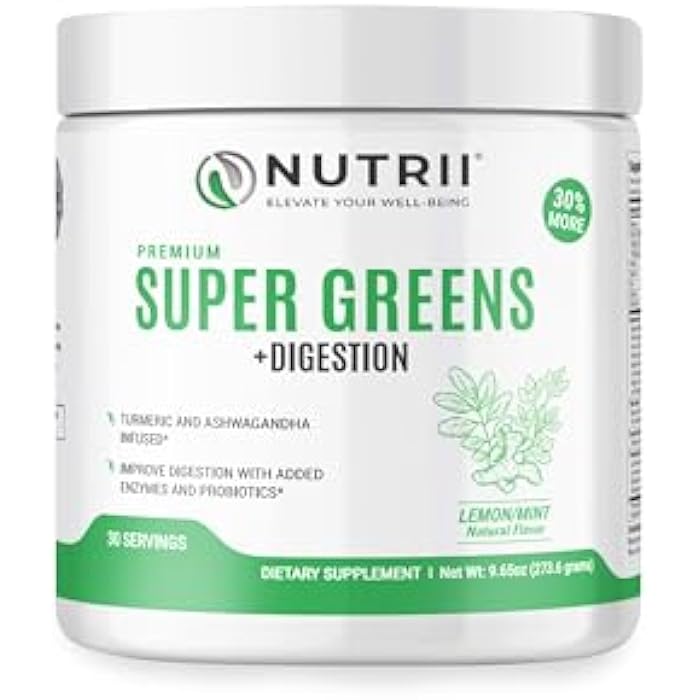 Nutrii Organic Green Immunity Superfood Powder - Soothes Digestion, Boosts Healthy Vitality and Energy. Fast Acting Formula with Probiotics, Enzymes, Turmeric and Ashwagandha (30 Servings Lemon-Mint) - Image 1