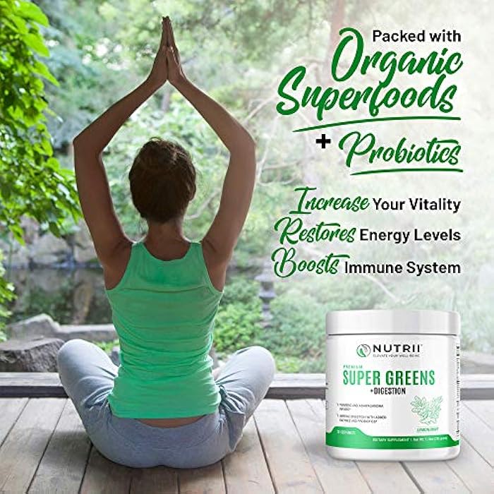 Nutrii Organic Green Immunity Superfood Powder - Soothes Digestion, Boosts Healthy Vitality and Energy. Fast Acting Formula with Probiotics, Enzymes, Turmeric and Ashwagandha (30 Servings Lemon-Mint) - Image 4