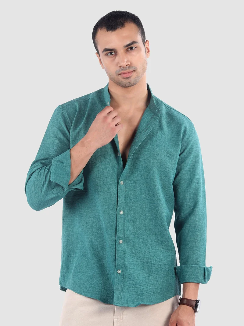 Beyoung Regent Green Breezy Stand Collar Shirt
