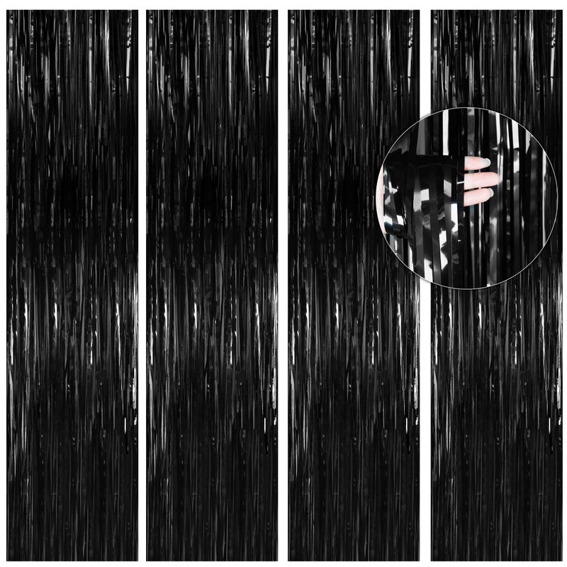 BTSD-home BTSDhome 4 Pack Black Foil Fringe Curtain Backdrop Metallic Photo Booth Backdrop Tinsel Curtains for Bachelorette Birthday Bridal Shower Party Decorations3ft x 8ft