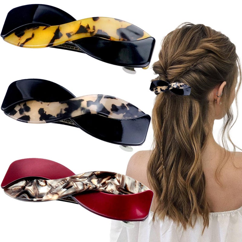 3 Pieces Hair Barrettes for Women Medium Interweave Wider Hair Clips Hair Accessories for Thick Curly Fine Updo Hair Leopard PrintTortoise ShellBurgundy