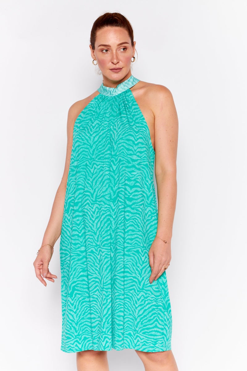 HALSTON Women Halter Neck Sleeveless Allover Print Midi Dress, Green - Image 1