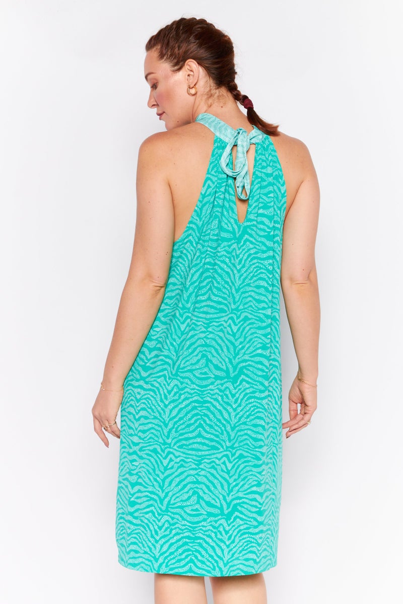 HALSTON Women Halter Neck Sleeveless Allover Print Midi Dress, Green - Image 3