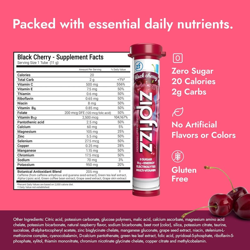 Zipfizz Energy Drink Mix - Black Cherry Flavor, Electrolyte Hydration Powder with B12 and Multi Vitamin, 20 Count - Image 2