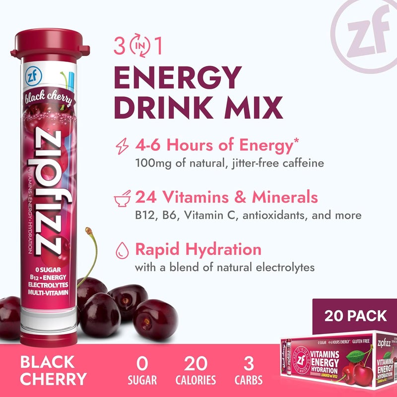 Zipfizz Energy Drink Mix - Black Cherry Flavor, Electrolyte Hydration Powder with B12 and Multi Vitamin, 20 Count - Image 3