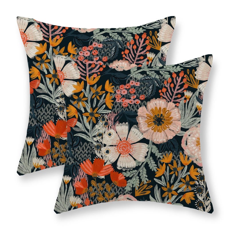 JEFERSO Boho Floral Pillow Covers 18x18 Inch Set of 2 Vintage Black Throw Pillows Modern Abstract Bohemian Flower Decorations Pillow Cases Farmhouse Linen Outdoor Cushion Case for Couch Sofa Decor - Image 1