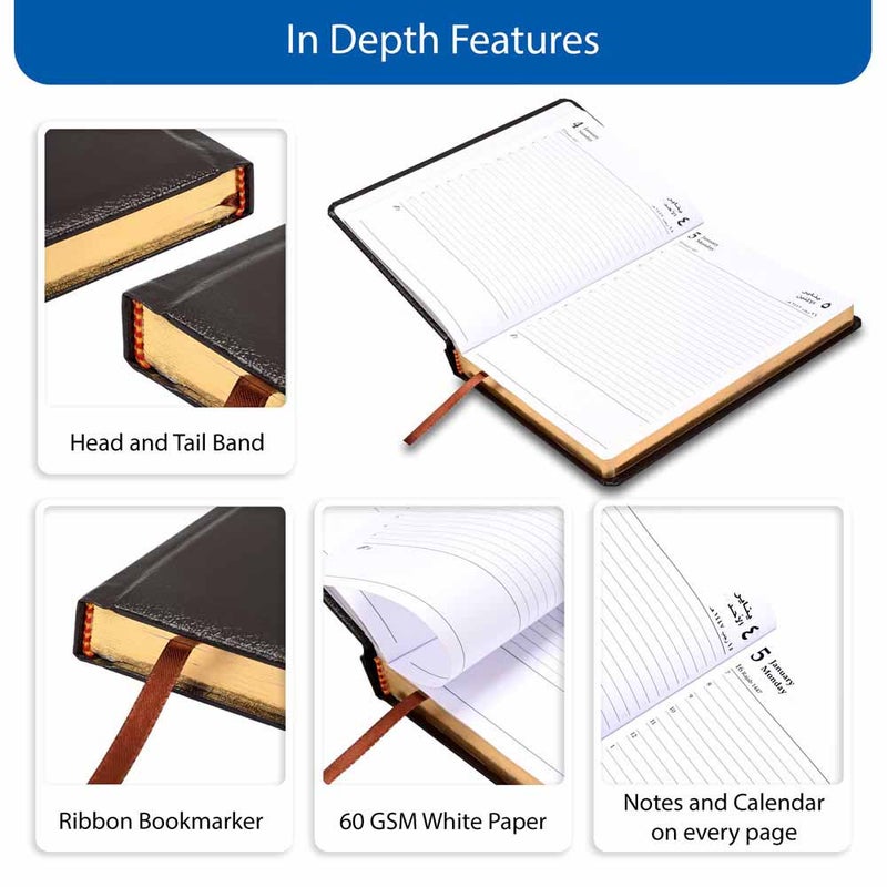 FIS مفكرة FIS 2026 الذهبية A5، 148x210 مم، غلاف فينيل مبطن من جهة واحدة، زوايا مدورة، حواف مطلية بالذهب، تنسيق يوم في صفحة، عربي/إنجليزي، ورق أبيض 60 جرام، غلاف شوكولاتة - FSDI23AEG26CH - Image 5