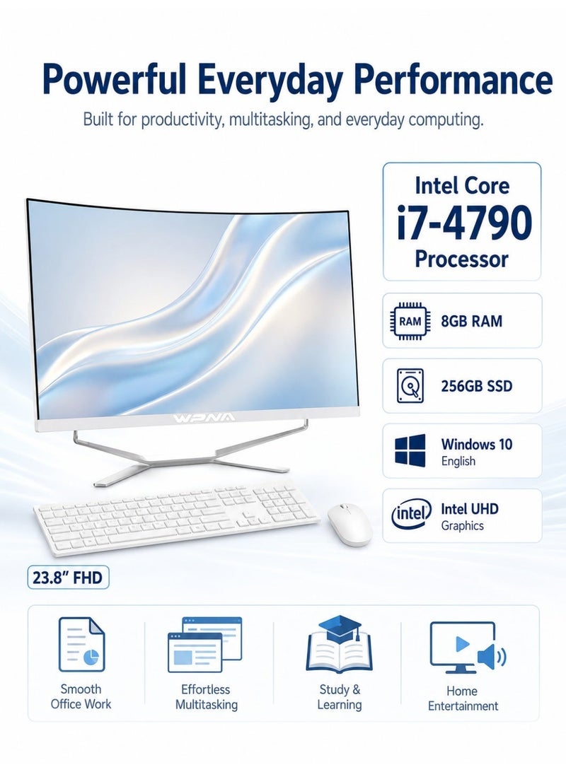 ويبونا كمبيوتر مكتبي شامل 24 بوصة، معالج Core i7-4790 / ذاكرة عشوائية 8 جيجابايت / قرص صلب SSD بسعة 256 جيجابايت / مع لوحة مفاتيح وفأرة / رسومات Intel UHD / ويندوز 10 إنجليزي / أبيض / C24 - Image 3