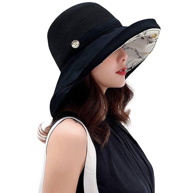 UTOWO Summer-Mesh-Sun-Hats-for-Women-UV- Protection-Wide-Brim Packable-Bucket-Hats Foldable-Beach-Hat Black - Image 1