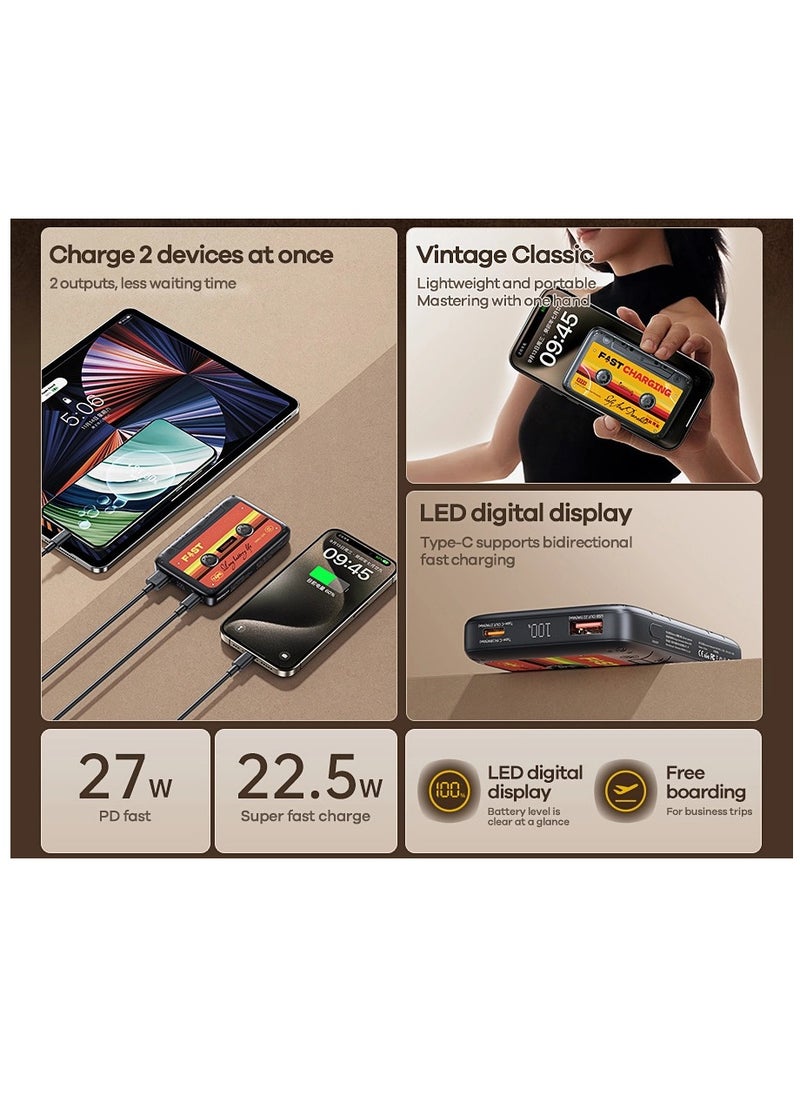REMAX Retro Revival 10000mAh Power Bank, PD 27W Fast Charging, 22.5W USB Super Charge, Vintage Magnetic Tape Design with LED Display, Dual Device Charging, Lightweight and Portable  - Image 3