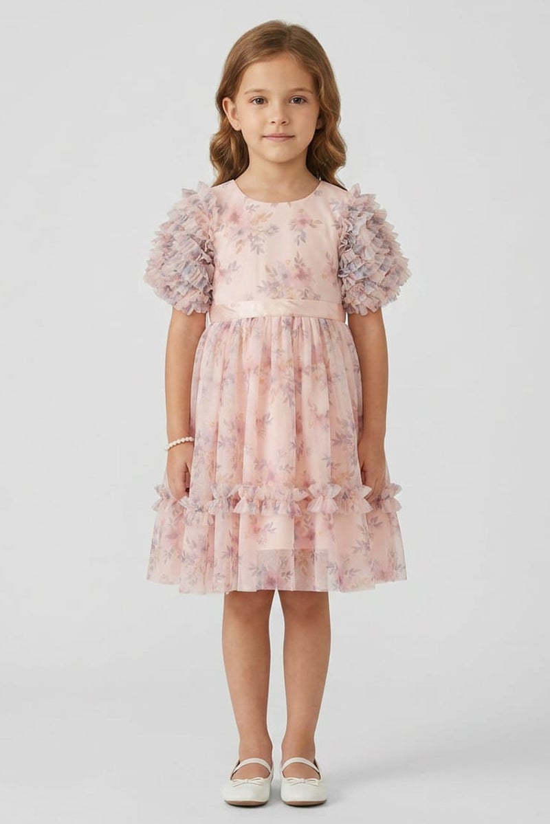 Lunamoon Kids Girl Floral Print Mesh Dress, Pink - Image 1