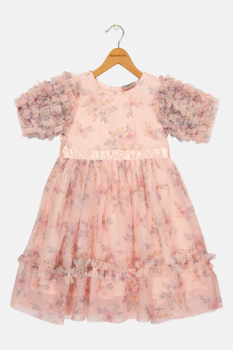 Lunamoon Kids Girl Floral Print Mesh Dress, Pink - Image 2