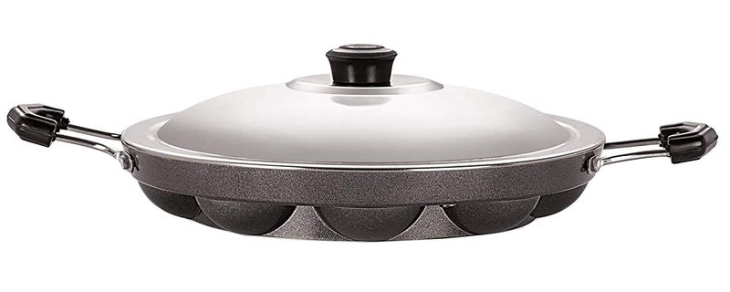 Nirlon Non-Stick Aluminium Appam Patra/paniyarakal 12 Cavity with 2 Side Handle and Stainless Steel lid