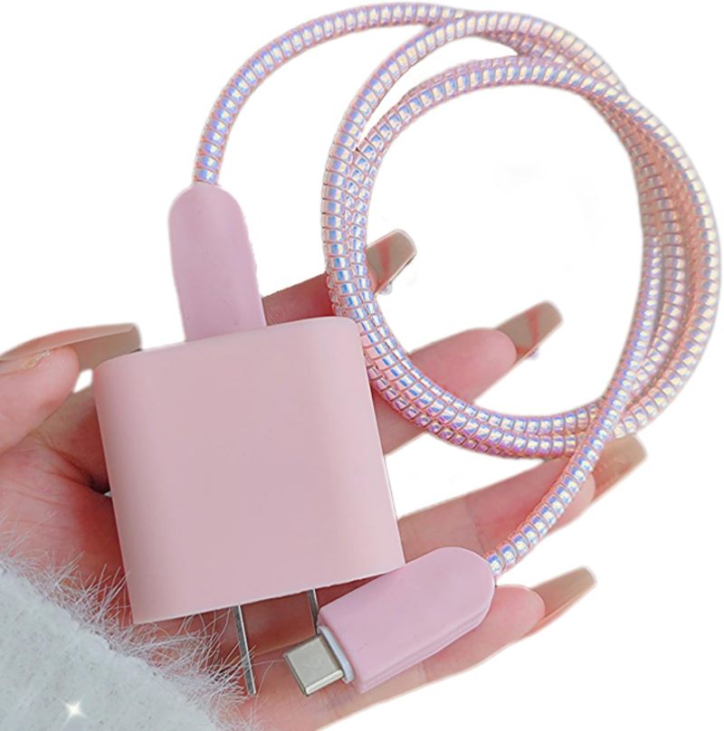 Iphone Charger Protector: Pink Silicone, Fracture Prevention, Matte Grip - Quick Installation Cable Protector for 18W Fast Charging, Daily Use And Travel - Image 1