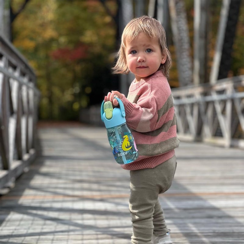 Zoku Kids Flip Straw Bottle Teal Dino, 410ml - Image 4