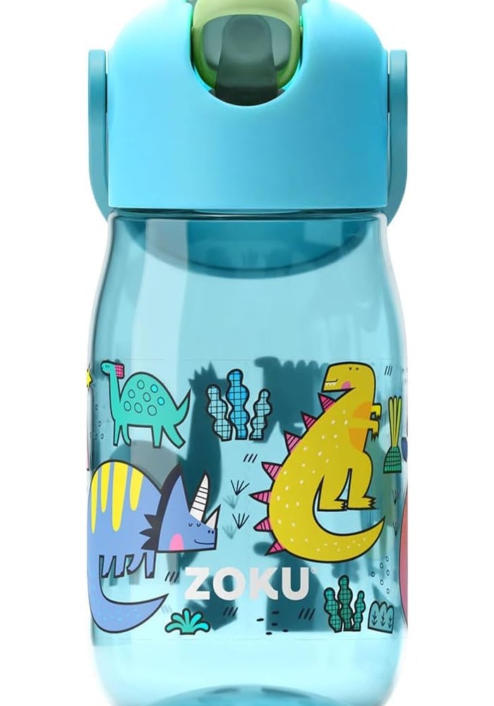 Zoku Kids Flip Straw Bottle Teal Dino, 410ml - Image 1
