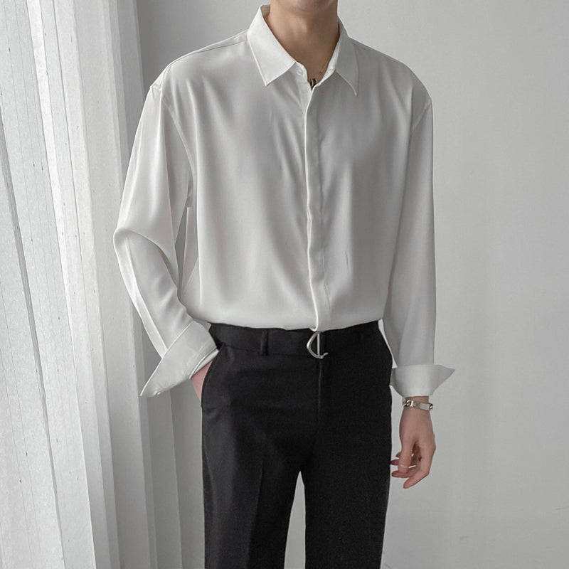 Mens Casual Korean-style Long Sleeve Shirt White - Image 1