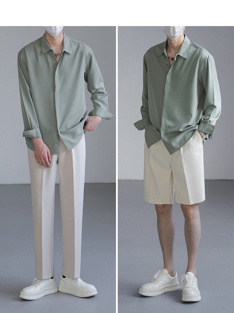 Mens Casual Korean-style Long Sleeve Shirt White - Image 5