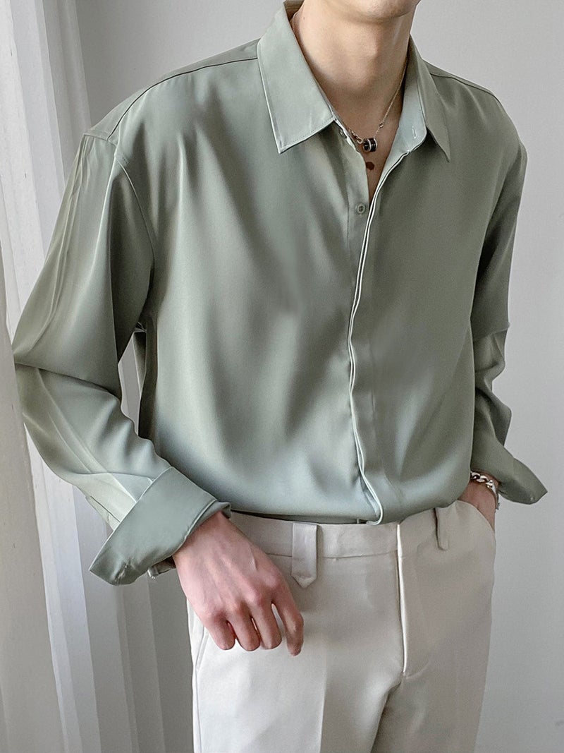 Mens Casual Korean-style Long Sleeve Shirt White - Image 3