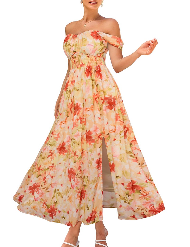 GRACE KARIN 2024 Women's Summer Sleeveless Off Shoulder Floral Flowy A Line Maxi Dresses Light Orange Red S  - Image 1