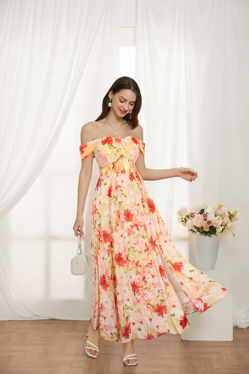 GRACE KARIN 2024 Women's Summer Sleeveless Off Shoulder Floral Flowy A Line Maxi Dresses Light Orange Red S  - Image 3