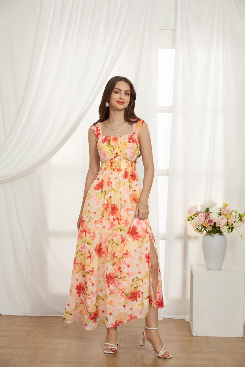 GRACE KARIN 2024 Women's Summer Sleeveless Off Shoulder Floral Flowy A Line Maxi Dresses Light Orange Red S  - Image 2