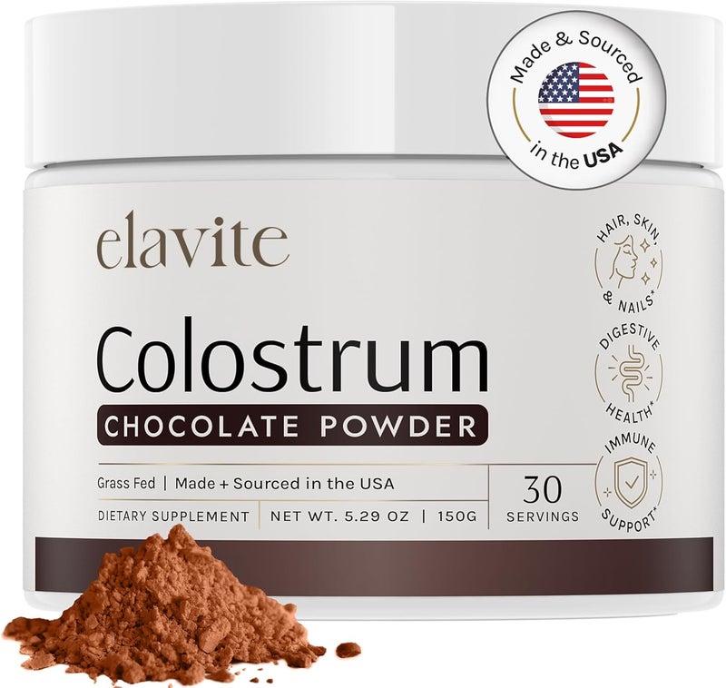 Elavite مسحوق الكولستروم بالشوكولاتة مكمل كولستروم من الأبقار العشبية لصحة الأمعاء ودعم المناعة والشعر والبشرة والأظافر 30 حصة - Image 1