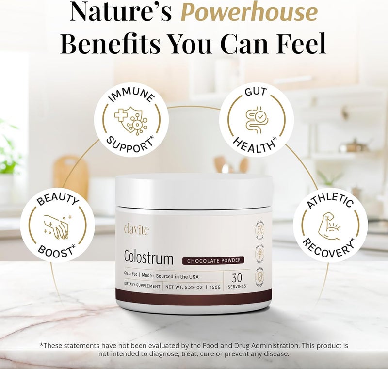 Elavite مسحوق الكولستروم بالشوكولاتة مكمل كولستروم من الأبقار العشبية لصحة الأمعاء ودعم المناعة والشعر والبشرة والأظافر 30 حصة - Image 3