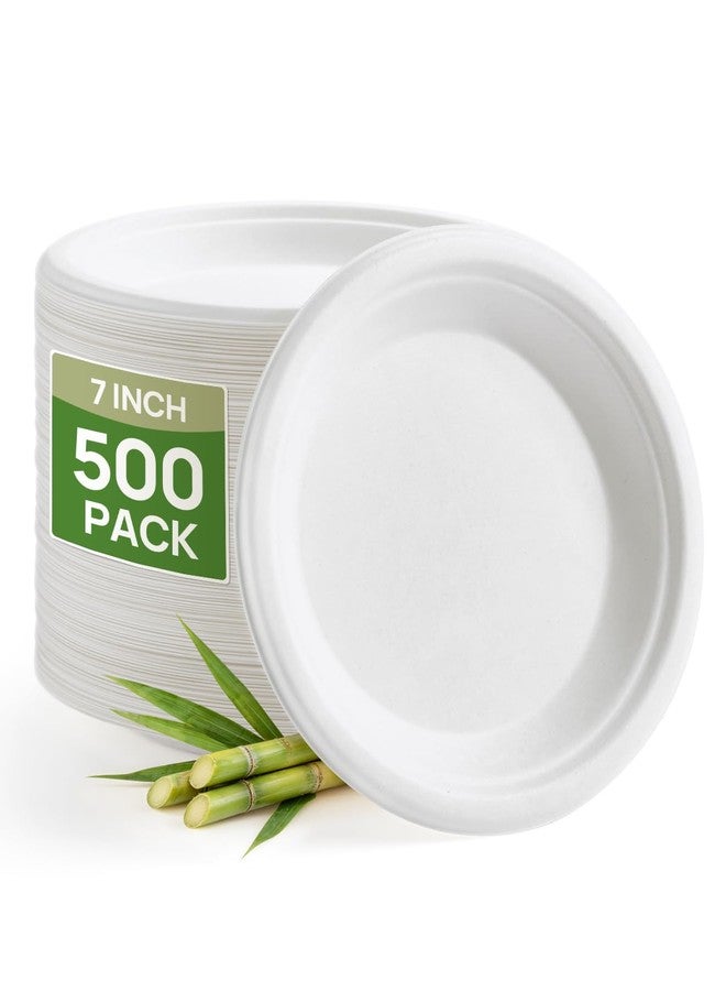 Goodluck 7 Inch Bulk Compostable Plates 500 Pack, White 100% FSC Certified Heavy Duty Sugarcane Plates, Commercial Eco Friendly Disposable Plates for Party, Wedding, BBQ, Catering & Everyday Use - Image 1