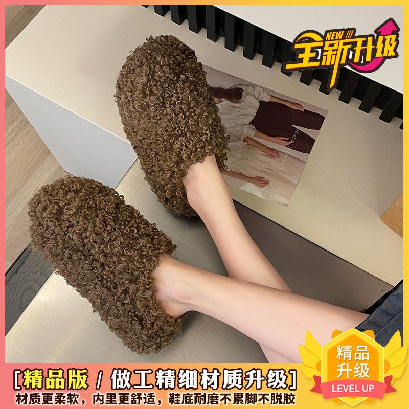 Platform Thick-Soled Baotou Furry Shoes For Women'S Outer Wear 2025 Spring New Popular Lamb Plush Warm And Heightening Cotton Slippers - Image 1