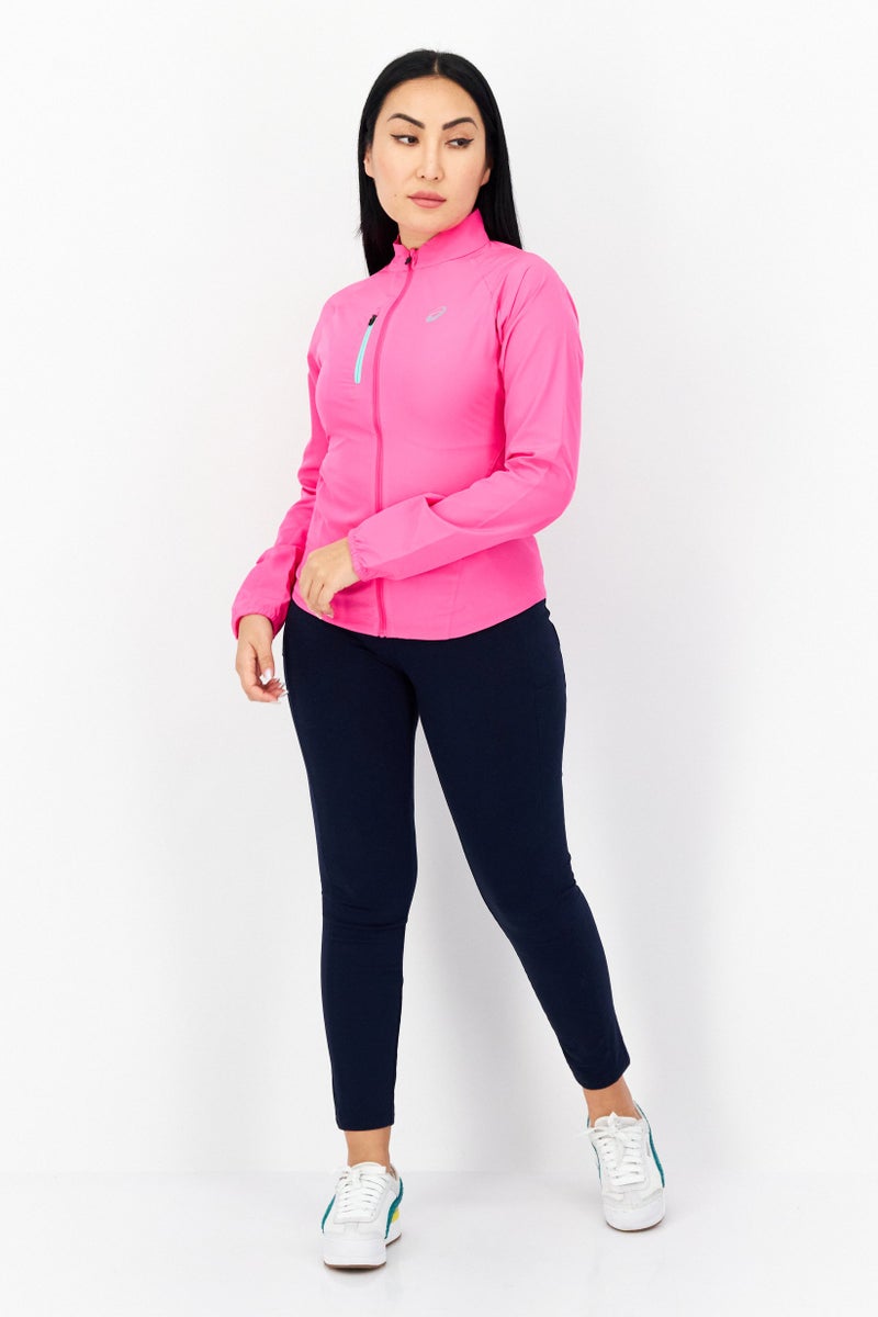 asics جاكيت نسائي بأكمام طويلة بشعار العلامة التجارية، توهج وردي - Image 2