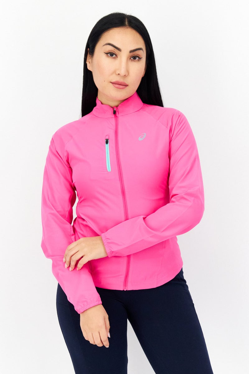 asics جاكيت نسائي بأكمام طويلة بشعار العلامة التجارية، توهج وردي - Image 1